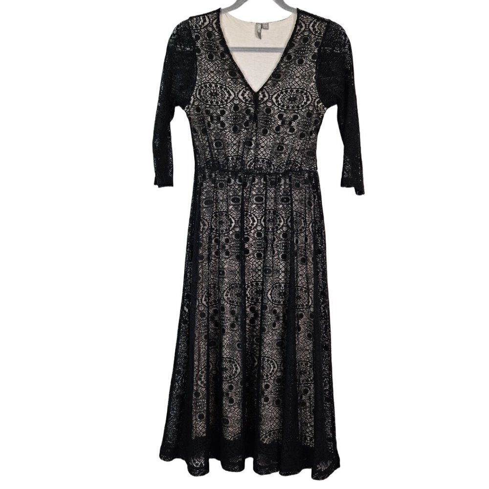 ASOS Black Lace Overlay V-Neck Fit and Flare Midi Dress US 2